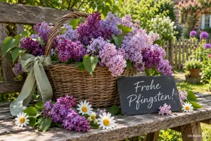 Korb voller Flieder mit Tafel auf einer Gartenbank, Text: Frohe Pfingsten!