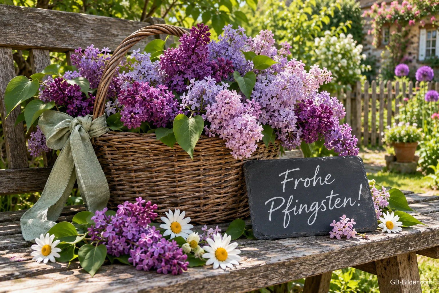 Korb voller Flieder mit Tafel auf einer Gartenbank, Text: Frohe Pfingsten! Korb voller Flieder mit Tafel auf einer Gartenbank, Text: Frohe Pfingsten!