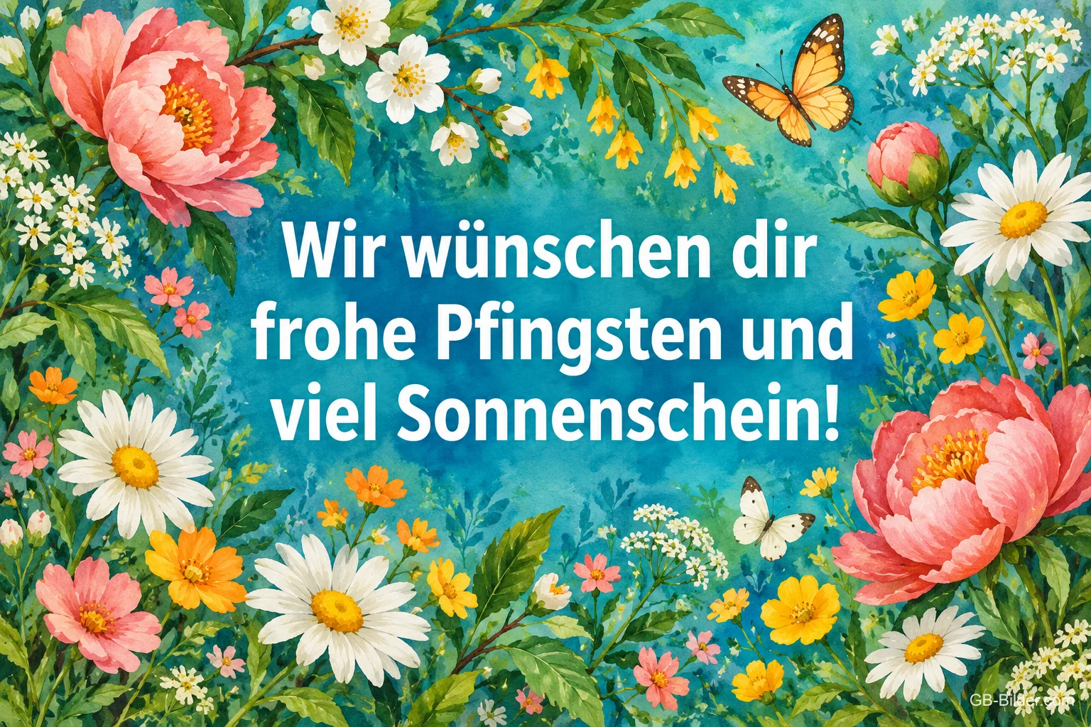 Rahmen aus Pfingstrosen, Margeriten und Schmetterlingen, Text: Wir wünschen dir frohe Pfingsten und viel Sonnenschein! Rahmen aus Pfingstrosen, Margeriten und Schmetterlingen, Text: Wir wünschen dir frohe Pfingsten und viel Sonnenschein!