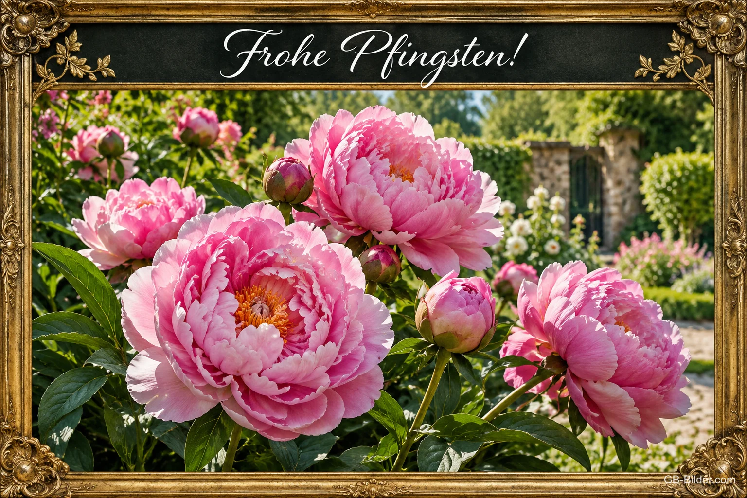 Rosa Pfingstrosen in einem goldenen Bilderrahmen, Text: Frohe Pfingsten! Rosa Pfingstrosen in einem goldenen Bilderrahmen, Text: Frohe Pfingsten!