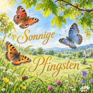 Schmetterlinge über einer Frühlingswiese, Text: Sonnige Pfingsten