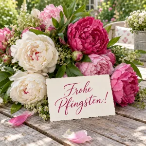 Strauß aus weißen und pinken Pfingstrosen mit Karte, Text: Frohe Pfingsten!