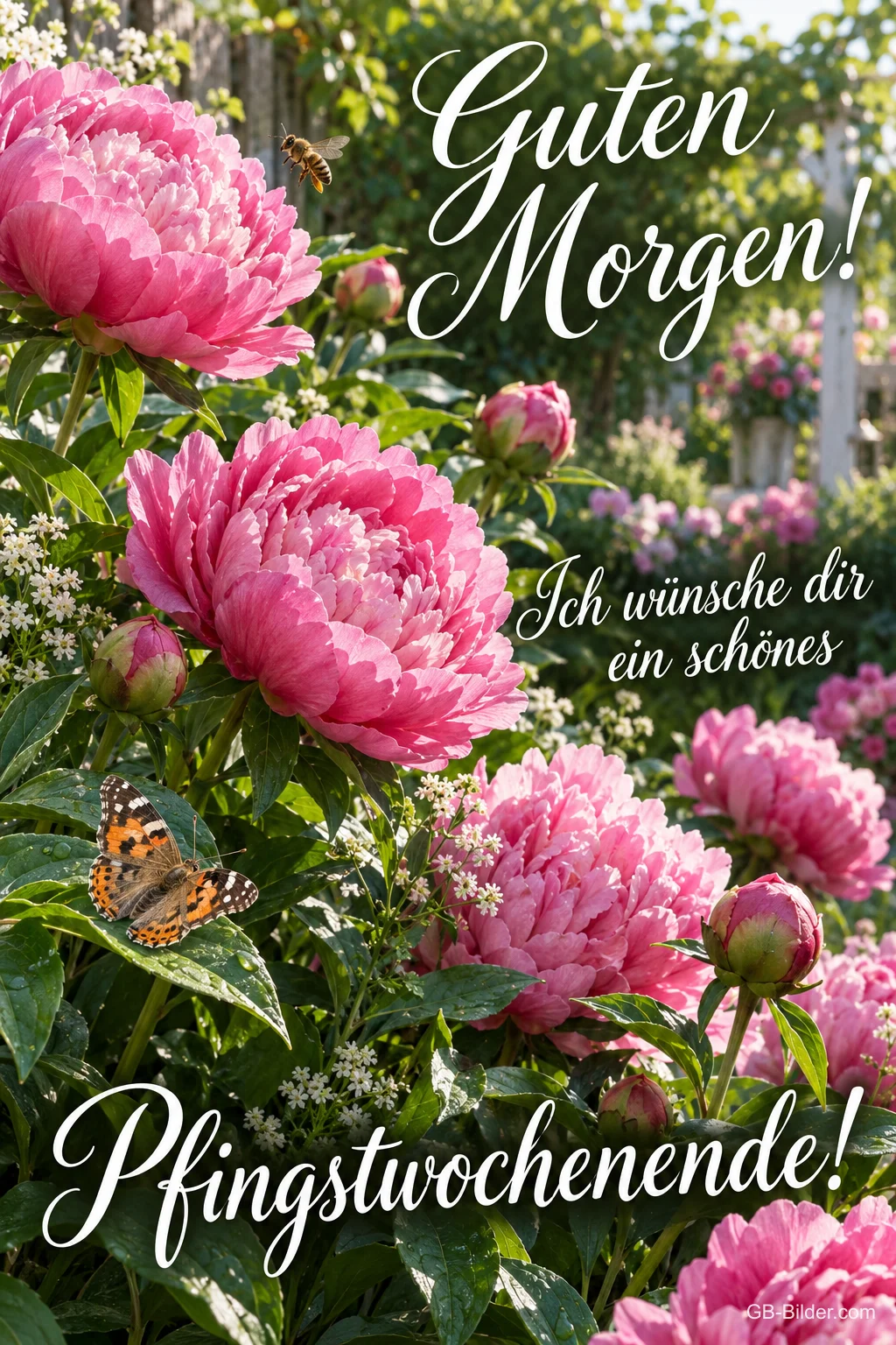 Pinke Pfingstrosen mit Schmetterling im Garten, Text: Guten Morgen! – Ich wünsche dir ein schönes Pfingstwochenende! Pinke Pfingstrosen mit Schmetterling im Garten, Text: Guten Morgen! – Ich wünsche dir ein schönes Pfingstwochenende!