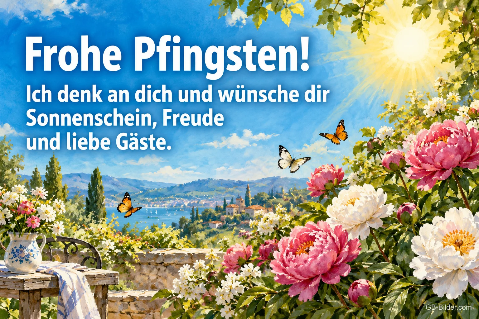 Blühende Terrasse über einer Bucht unter der Sonne, Text: Frohe Pfingsten! – Ich denk an dich und wünsche dir Sonnenschein, Freude und liebe Gäste. Blühende Terrasse über einer Bucht unter der Sonne, Text: Frohe Pfingsten! – Ich denk an dich und wünsche dir Sonnenschein, Freude und liebe Gäste.