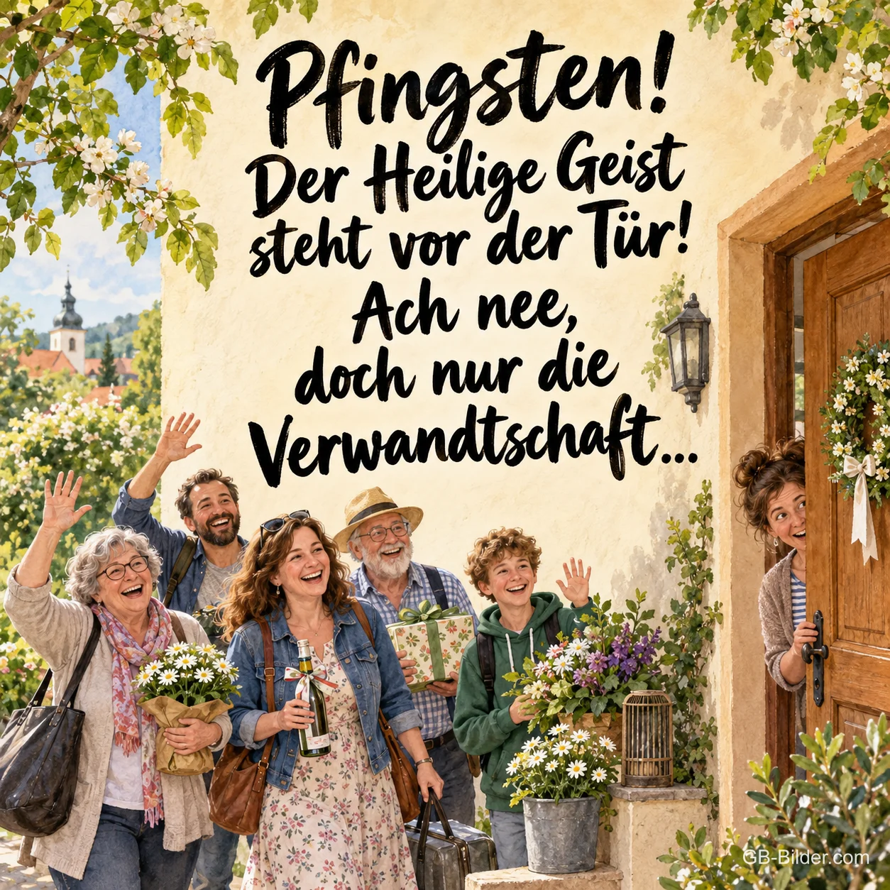 Lachende Familie mit Blumen und Gepäck vor der Haustür, Text: Pfingsten! Der Heilige Geist steht vor der Tür! – Ach nee, doch nur die Verwandtschaft … Lachende Familie mit Blumen und Gepäck vor der Haustür, Text: Pfingsten! Der Heilige Geist steht vor der Tür! – Ach nee, doch nur die Verwandtschaft …