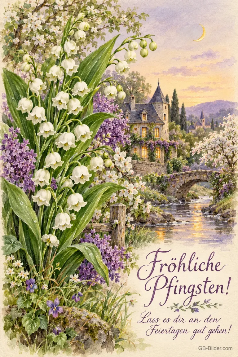 Maiglöckchen und Flieder vor einem Häuschen am Bach, Text: Fröhliche Pfingsten! – Lass es dir an den Feiertagen gut gehen!