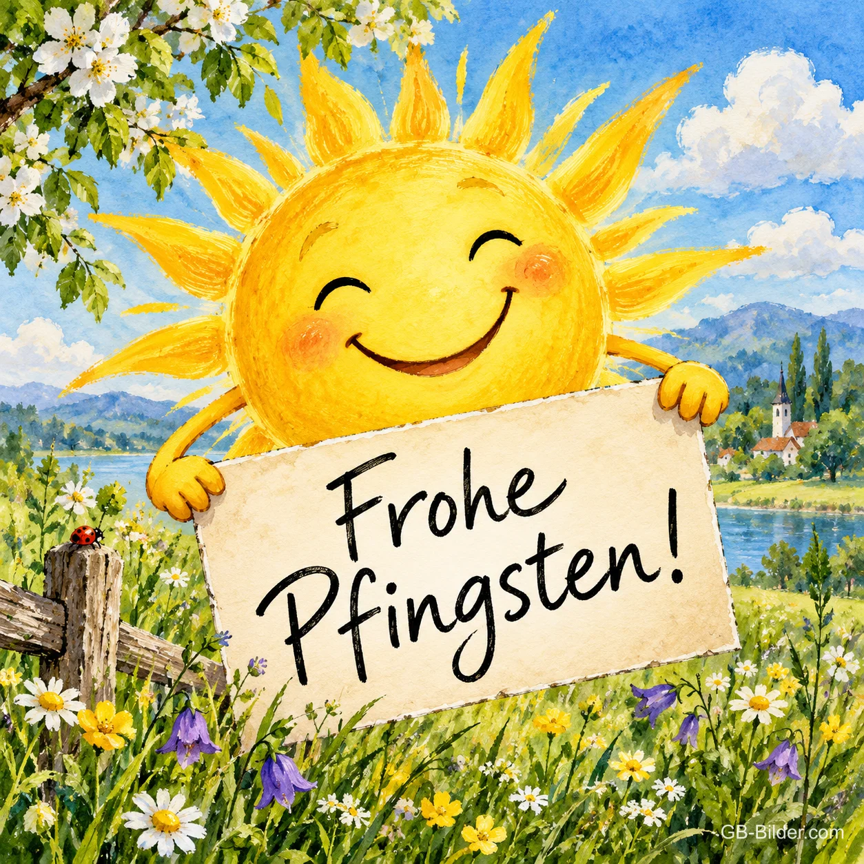 Lachende Sonne hält ein Schild über einer Blumenwiese, Text: Frohe Pfingsten! Lachende Sonne hält ein Schild über einer Blumenwiese, Text: Frohe Pfingsten!