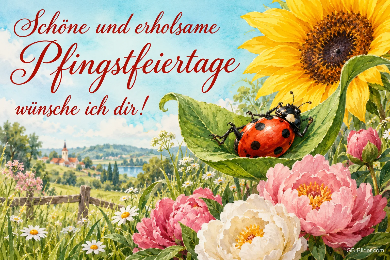 Marienkäfer auf einem Blatt zwischen Sonnenblume und Pfingstrosen, Text: Schöne und erholsame Pfingstfeiertage – wünsche ich dir! Marienkäfer auf einem Blatt zwischen Sonnenblume und Pfingstrosen, Text: Schöne und erholsame Pfingstfeiertage – wünsche ich dir!