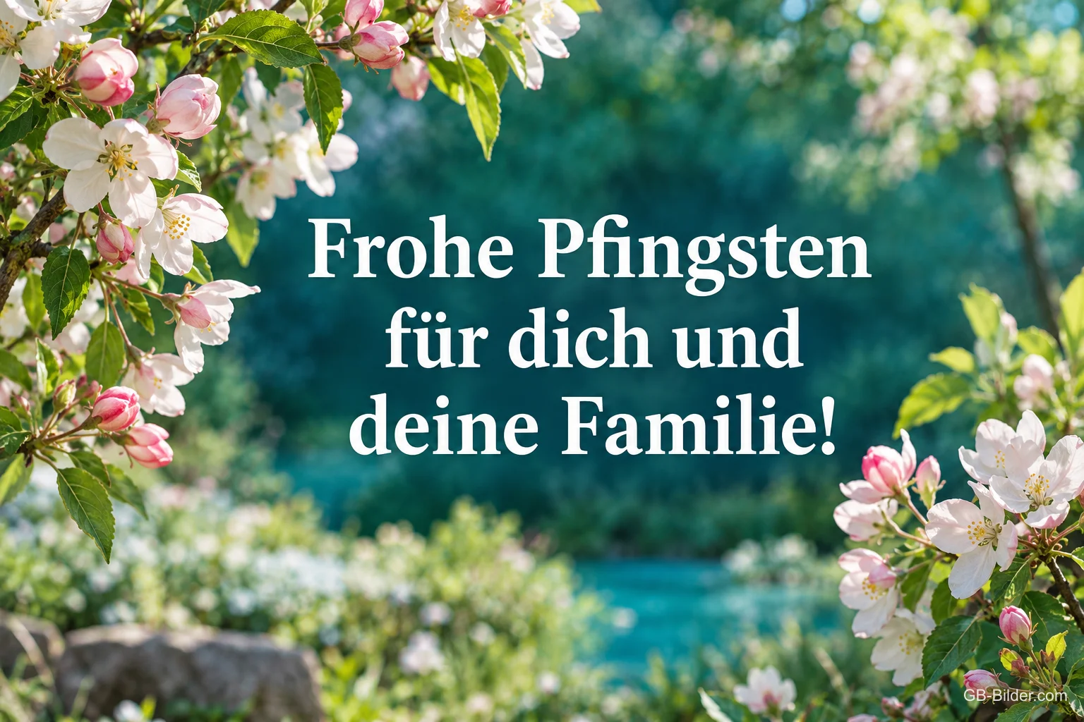 Apfelblütenzweige über einem Bach, Text: Frohe Pfingsten für dich und deine Familie! Apfelblütenzweige über einem Bach, Text: Frohe Pfingsten für dich und deine Familie!