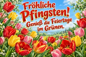 Bunte Tulpen in Rot, Gelb und Rosa vor einer Frühlingslandschaft, Text: Fröhliche Pfingsten! Genieß die Feiertage im Grünen.