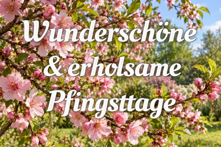 Rosa blühende Pfirsichzweige vor grüner Wiese, Text: Wunderschöne & erholsame Pfingsttage
