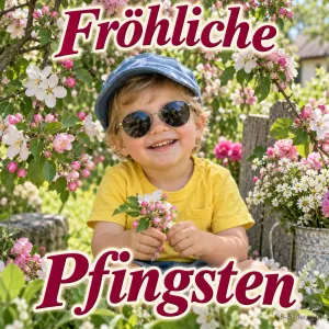 Lachendes Kleinkind mit Sonnenbrille und Mütze hält Blüten, Text: Fröhliche Pfingsten