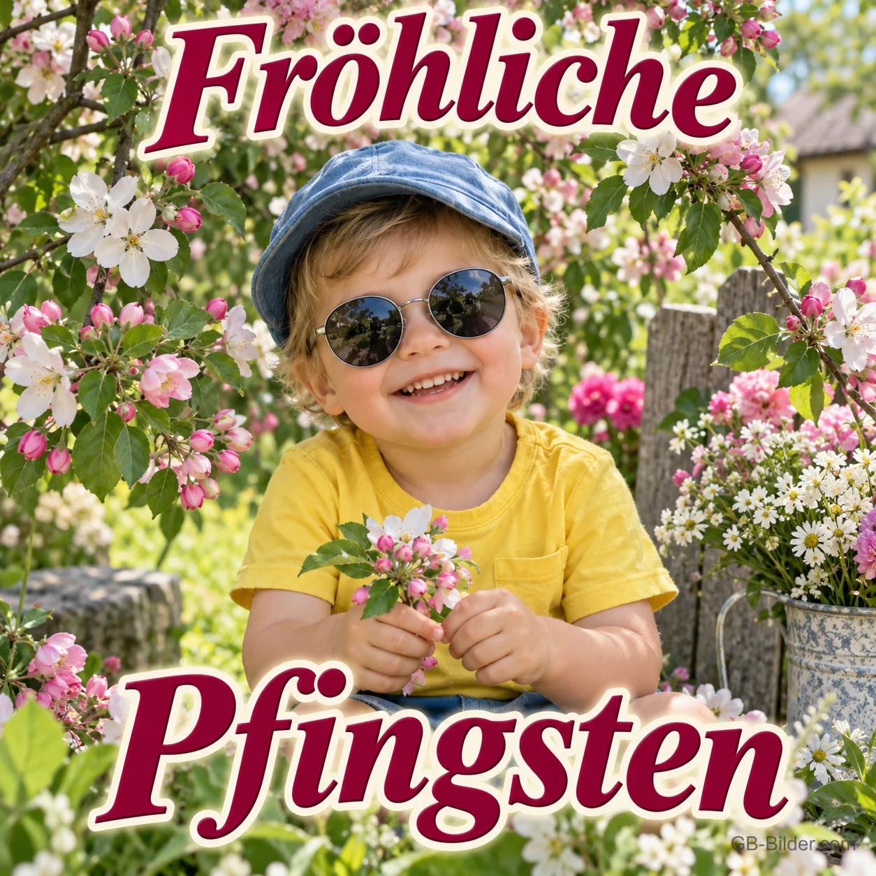 Lachendes Kleinkind mit Sonnenbrille und Mütze hält Blüten, Text: Fröhliche Pfingsten