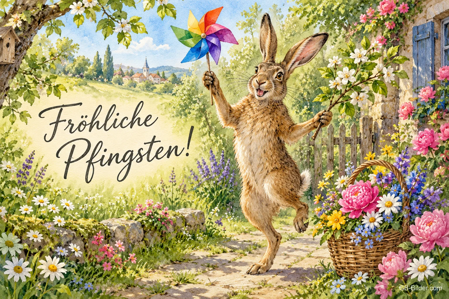 Hase tanzt mit buntem Windrad durch einen Blumengarten, Text: Fröhliche Pfingsten!