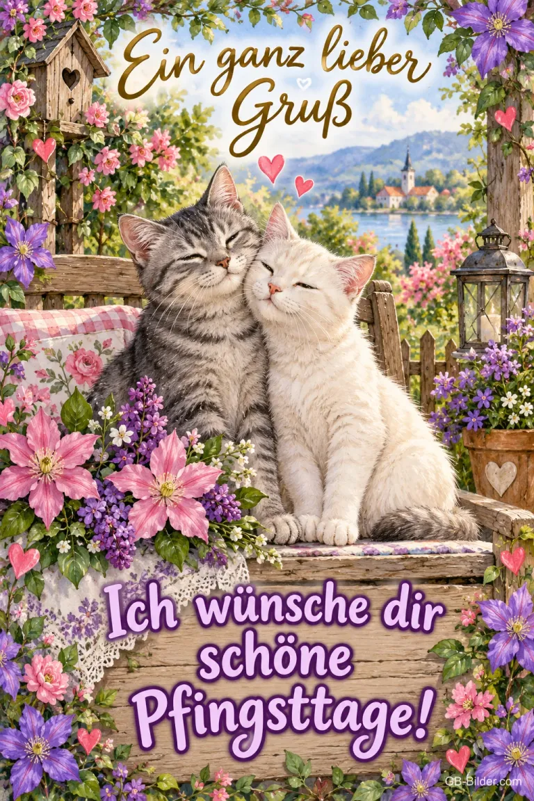 Zwei Katzen kuscheln auf einer Bank zwischen Blumen, Text: Ein ganz lieber Gruß – Ich wünsche dir schöne Pfingsttage!