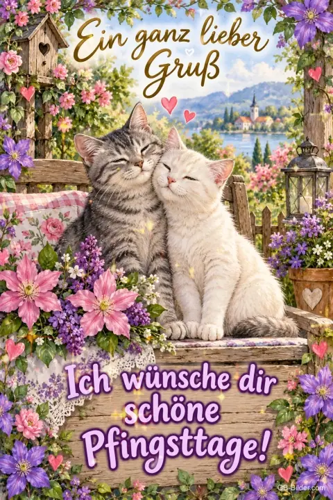 Zwei Katzen kuscheln auf einer Bank zwischen Blumen, Text: Ein ganz lieber Gruß – Ich wünsche dir schöne Pfingsttage!