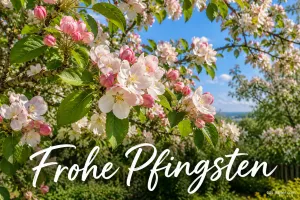 Rosa Apfelblüten an einem sonnigen Zweig, Text: Frohe Pfingsten