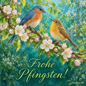 Zwei Vögel auf einem blühenden Zweig, Text: Frohe Pfingsten!