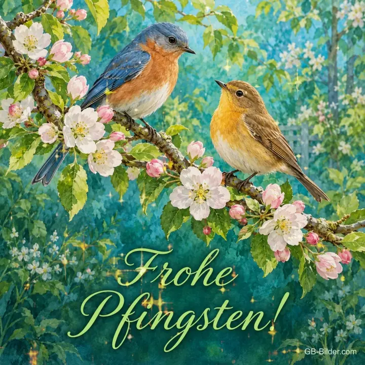 Zwei Vögel auf einem blühenden Zweig, Text: Frohe Pfingsten!