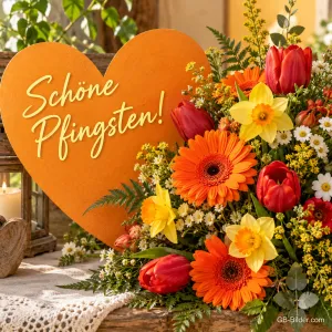 Oranger Blumenstrauß vor einem Holzherz, Text: Schöne Pfingsten!