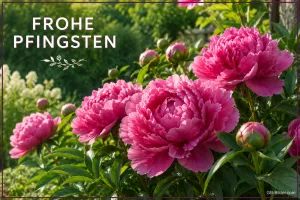 Pinke Pfingstrosen im Garten, Text: FROHE PFINGSTEN