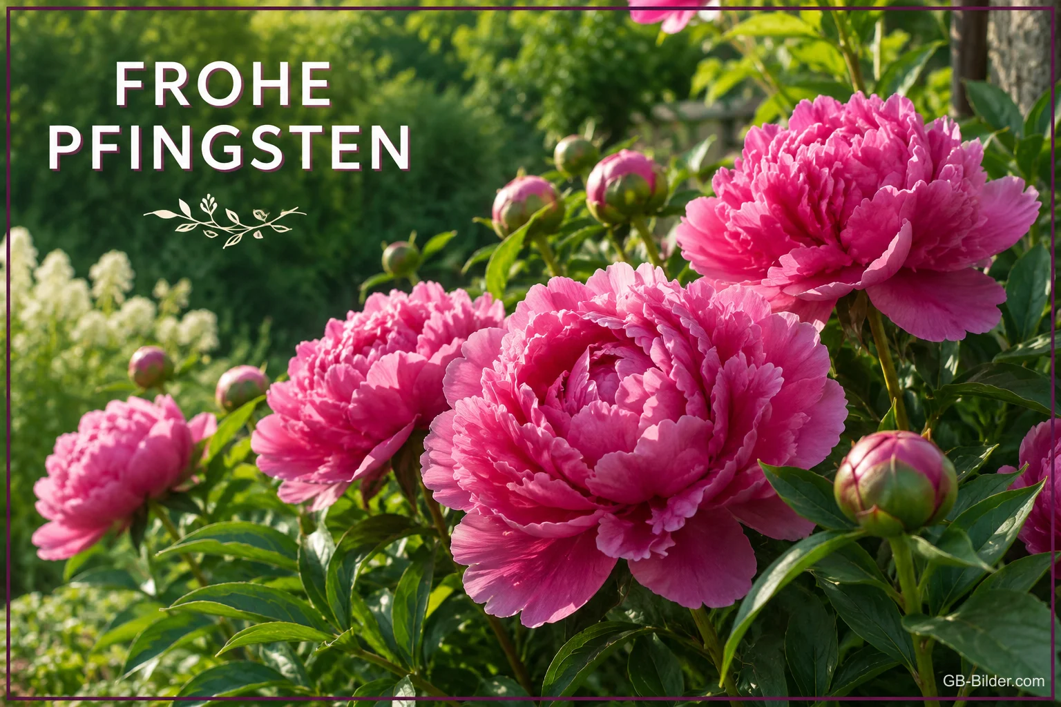 Pinke Pfingstrosen im Garten, Text: FROHE PFINGSTEN