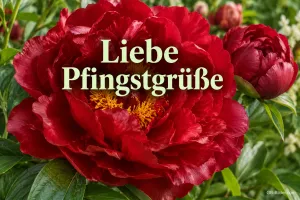 Rote Pfingstrose in Nahaufnahme, Text: Liebe Pfingstgrüße