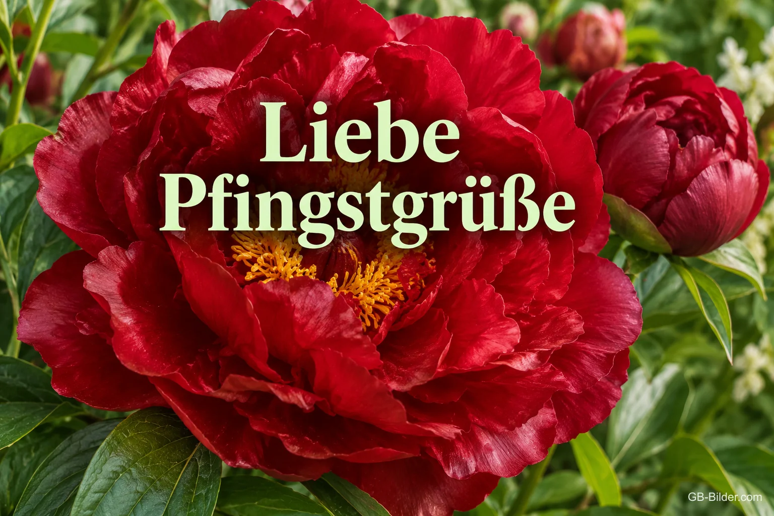 Rote Pfingstrose in Nahaufnahme, Text: Liebe Pfingstgrüße