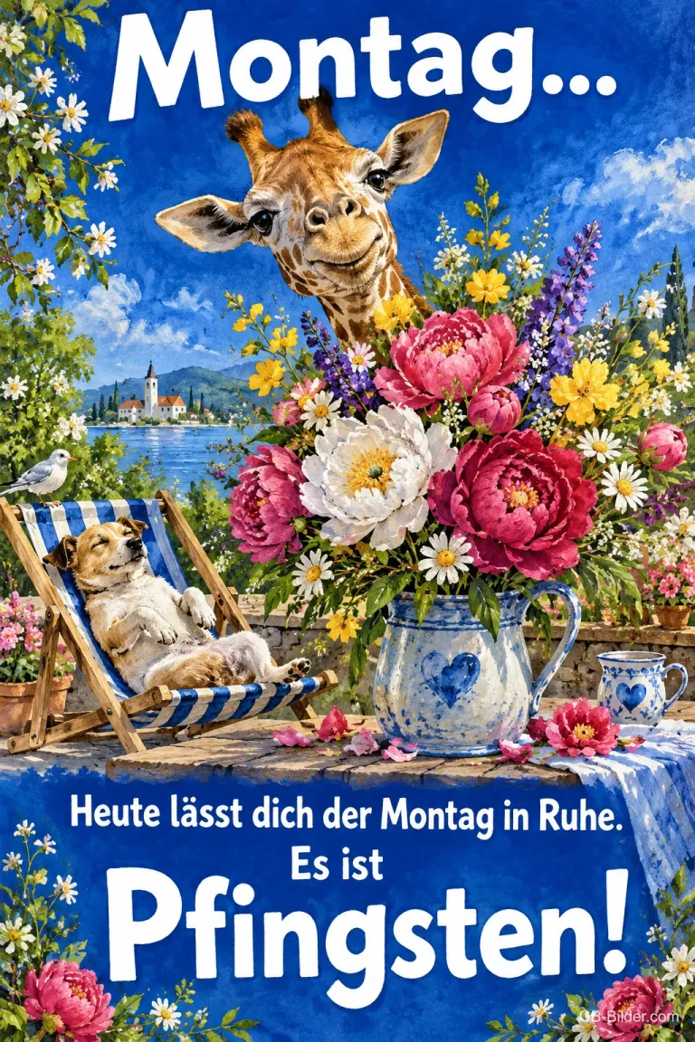 Giraffe schaut über Blumen, Hund entspannt im Liegestuhl, Text: Montag … Heute lässt dich der Montag in Ruhe. – Es ist Pfingsten!