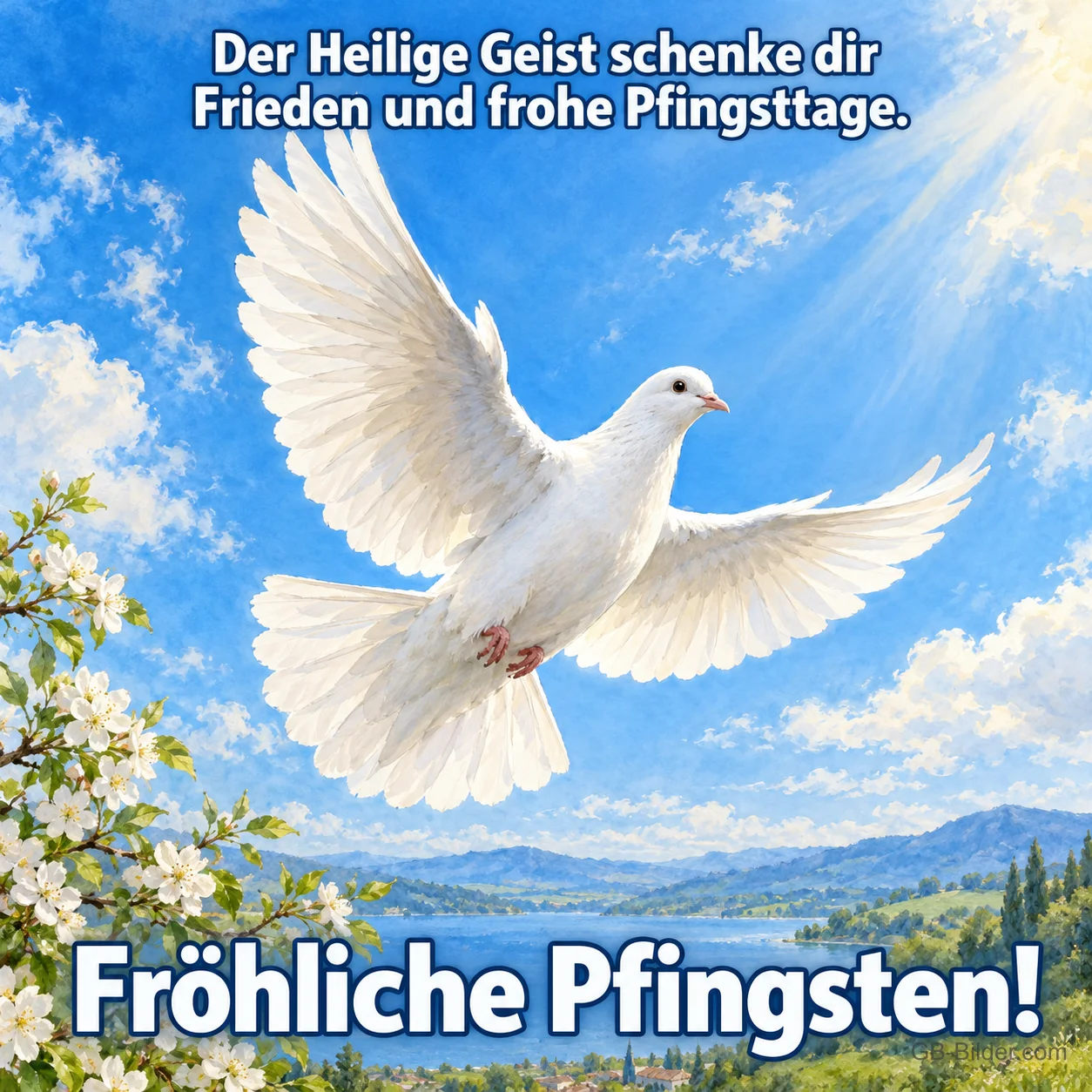 Weiße Taube fliegt über eine Seenlandschaft, Text: Der Heilige Geist schenke dir Frieden und frohe Pfingsttage. – Fröhliche Pfingsten!