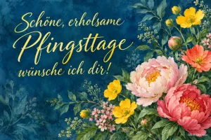 Gemalte Pfingstrosen und gelbe Blüten auf Blau, Text: Schöne, erholsame Pfingsttage – wünsche ich dir!