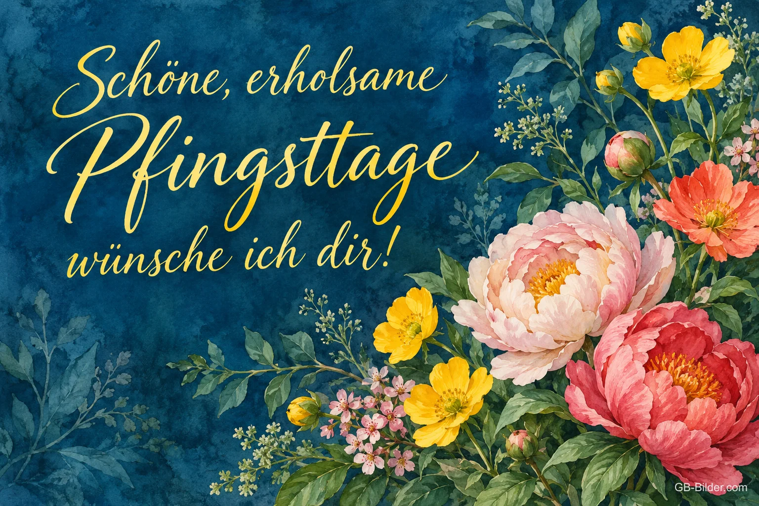 Gemalte Pfingstrosen und gelbe Blüten auf Blau, Text: Schöne, erholsame Pfingsttage – wünsche ich dir!