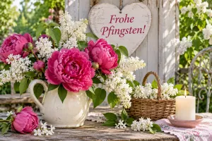 Pfingstrosen, Flieder, Korb und Kerze vor einem Holzherz, Text: Frohe Pfingsten!