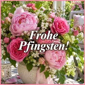 Strauß aus rosa Rosen und Pfingstrosen in einer Vase, Text: Frohe Pfingsten!