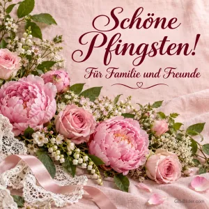 Rosa Rosen und Pfingstrosen auf Spitzendecke, Text: Schöne Pfingsten! – Für Familie und Freunde