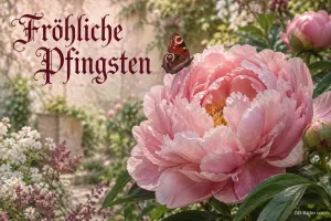 Pfingstrose mit Schmetterling, Text: Fröhliche Pfingsten