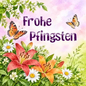 Lilien mit Schmetterlingen, Text: Frohe Pfingsten