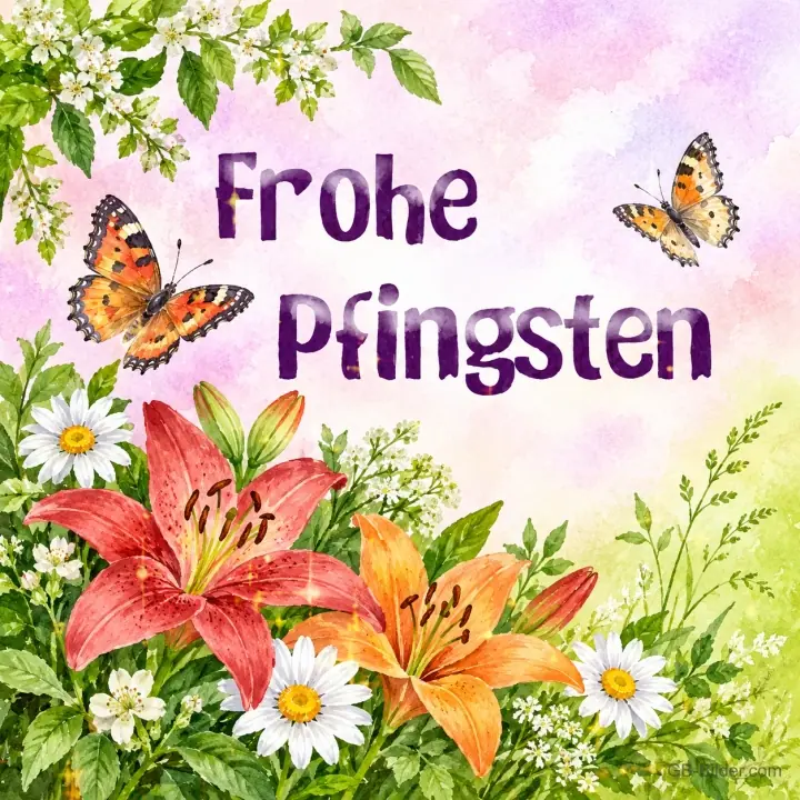 Lilien mit Schmetterlingen, Text: Frohe Pfingsten