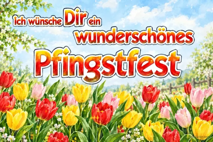 Rote, gelbe und rosa Tulpen auf einer Wiese, Text: Ich wünsche Dir ein wunderschönes Pfingstfest