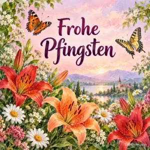 Rote und orange Lilien mit Schmetterlingen vor einem See, Text: Frohe Pfingsten