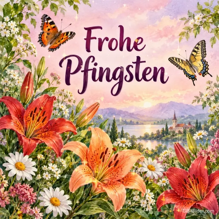 Rote und orange Lilien mit Schmetterlingen vor einem See, Text: Frohe Pfingsten
