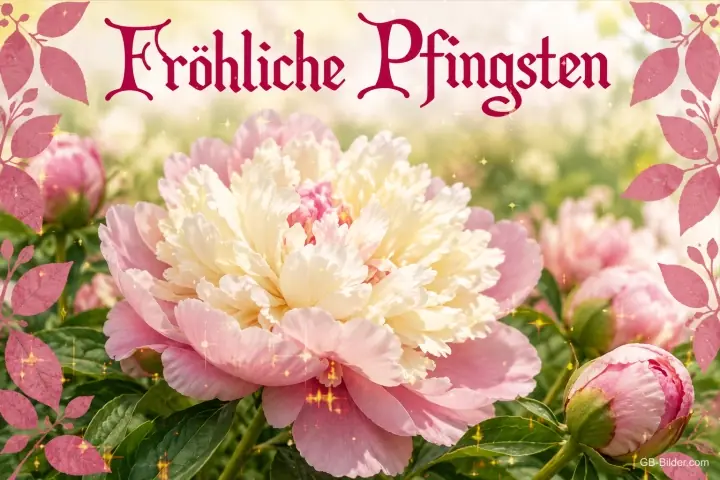 Rosa und cremeweiße Pfingstrosen mit Blattrahmen, Text: Fröhliche Pfingsten
