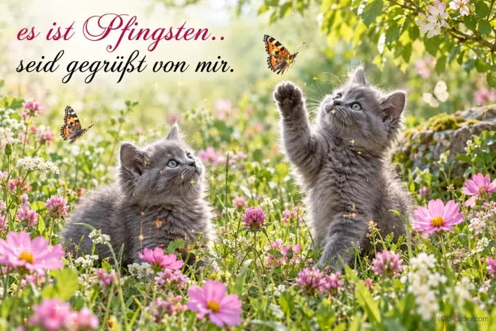 Zwei graue Kätzchen auf einer Blumenwiese, Text: Es ist Pfingsten, seid gegrüßt von mir.