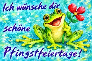 Lachender Frosch hält eine rote Blume, Text: Ich wünsche dir schöne Pfingstfeiertage!