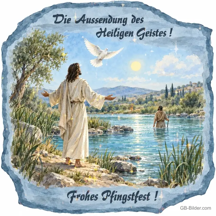Jesus am Fluss mit weißer Taube, Text: Die Aussendung des Heiligen Geistes! Frohes Pfingstfest!