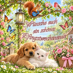 Welpe und weißes Kätzchen kuscheln im Garten, Eichhörnchen mit Gitarre und Schmetterlinge, Text: Wünsche euch ein schönes Pfingstwochenende