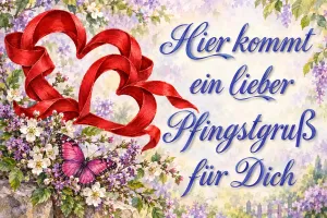 Rote Bandherzen und Schmetterling über Flieder, Text: Hier kommt ein lieber Pfingstgruß für Dich