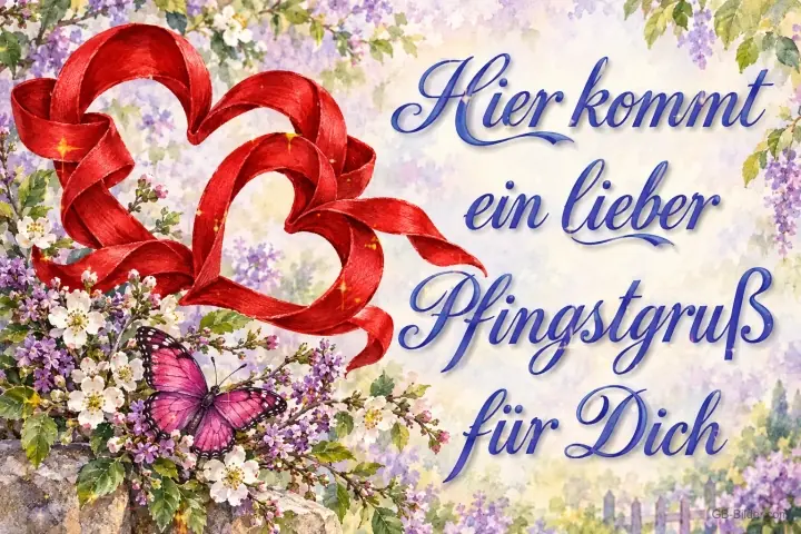 Rote Bandherzen und Schmetterling über Flieder, Text: Hier kommt ein lieber Pfingstgruß für Dich