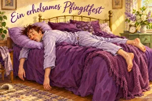 Mann im Schlafanzug schläft quer über einem lila Bett, Text: Ein erholsames Pfingstfest