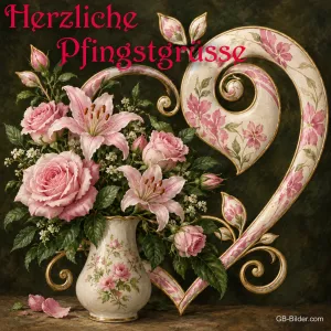 Rosen und Lilien vor verziertem Herz, Text: Herzliche Pfingstgrüße